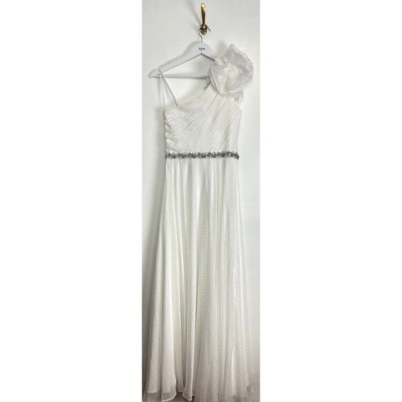 MAC DUGGAL Rosette One-Shoulder Fil Coupé Chiffon Gown in White Size US 6 - Picture 7 of 11